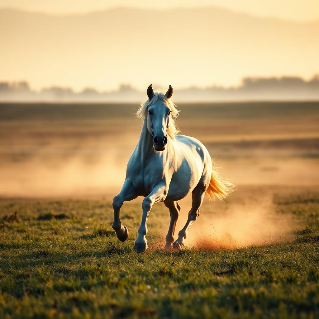 Cheval blanc galopant dans un champ au lever du jour