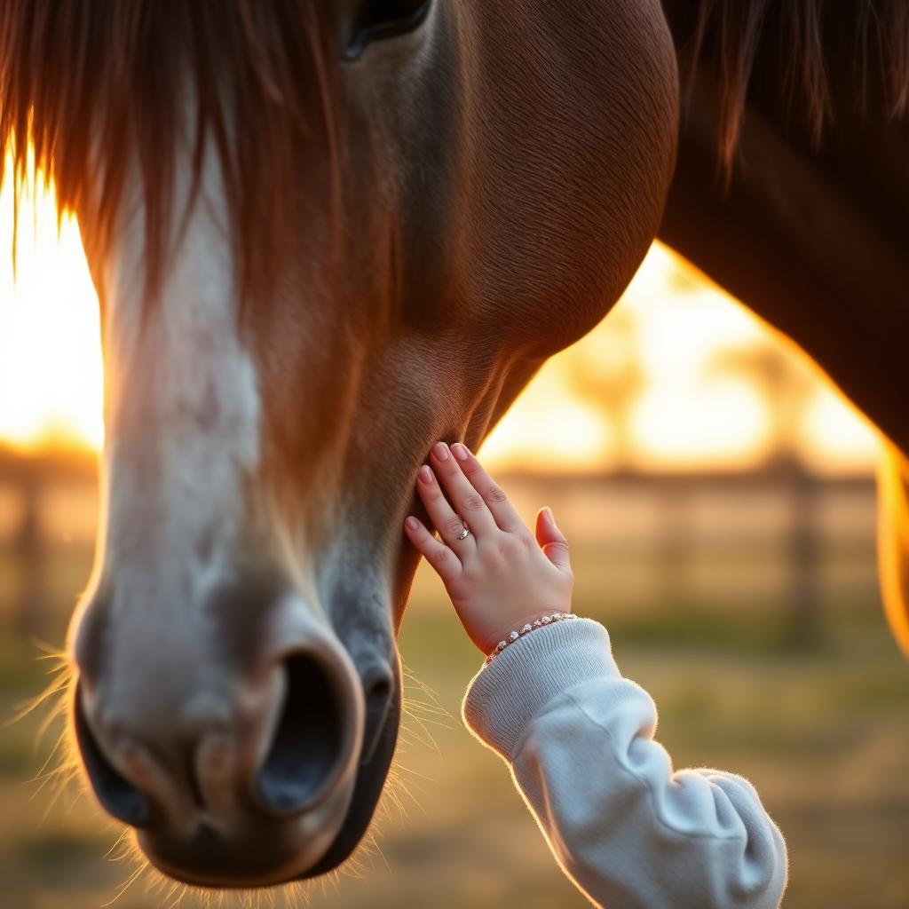 Main d'un enfant caressant le museau d'un cheval